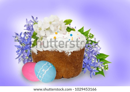 Easter cake,easter eggs,apple blossom and blue snowdrops  flowers.Greeting card