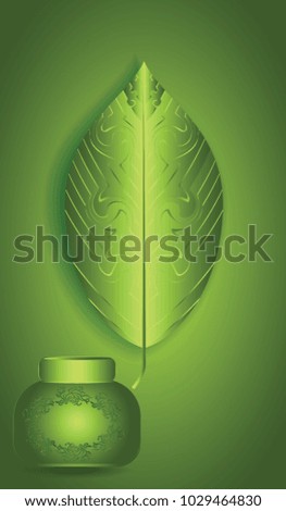 Green shiny abstract leaf and a jar for cream - vector art illustration. Cosmetic and perfumery symbol of environmentally friendly products