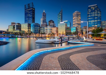 Perth. Cityscape image of Perth downtown skyline, Australia during sunset. Royalty-Free Stock Photo #1029468478
