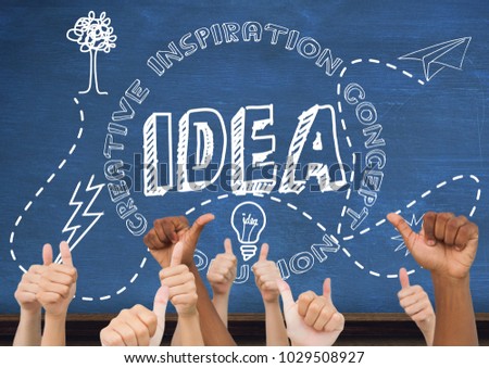 Digital composite of Thumbs up idea, blue blackboard background