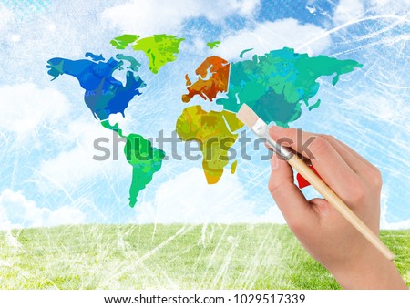 Digital composite of Hand painting Colorful Map with bright sky background