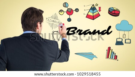 Digital composite of Back of business man with marker against brand doodles and yellow background