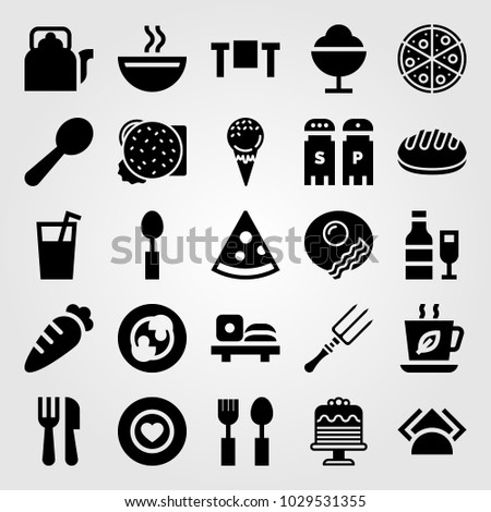 Restaurant vector icon set. ice cream, carrot, soup and tea cup