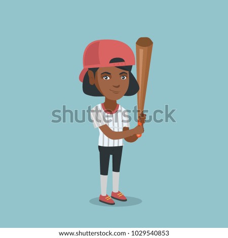 Full length of african-american smiling baseball player in uniform holding a bat. Young professional sportswoman playing baseball. Vector cartoon illustration. Square layout.