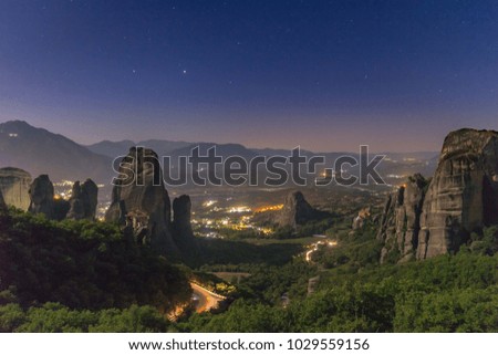 Meteora view at night with a clear starry sky.