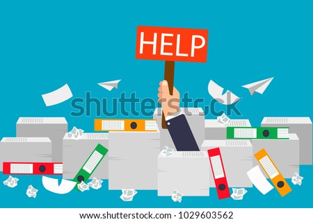 Overwhelmed. Eps vector illustration of hand showing red Help sign out of documents.  Royalty-Free Stock Photo #1029603562