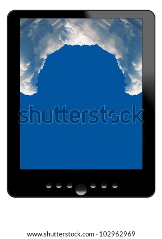 Concept as a painted tablet and clouds, symbolizing the cloud storage