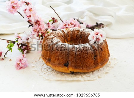 easter cake and spring flowers