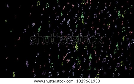 Notes, Bass and Treble Clefs on Black Background. Colorful Music Symbols on Dark. Vector