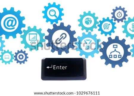 The Enter button from laptop computer keyboard on graphic design background.Sign,Symbol for Business technology and management concept.white background.