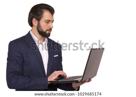 handsome male businessman smiling, holding hands on laptop, white background