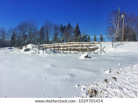 Wide view of snowy landscape in Michigan. Winter in USA.