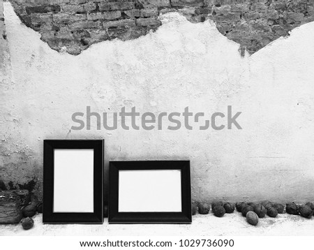 Two frames of picture are standing  behind the old wall