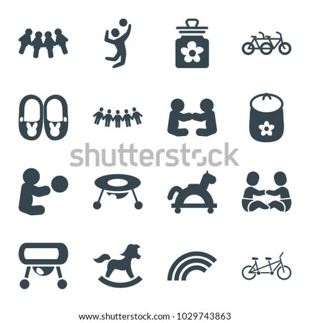 Children icons. set of 16 editable filled children icons such as baby toy, toy horse, children, family bicycle, volleyball player