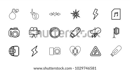Flash icons. set of 18 editable outline flash icons: thunder, camera, cpu planet, explode, memory card with music, soft box, camera lense, voltage warning, explosion