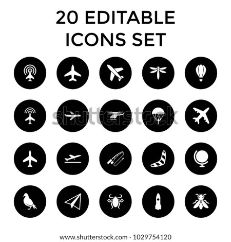 Fly icons. set of 20 editable filled fly icons such as plane, plane taking off, dove, boomerang, paper airplane, globe, parachute. best quality fly elements in trendy style.