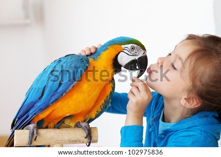 Portrait of a kid girl with her domestic ara parrot Royalty-Free Stock Photo #102975836