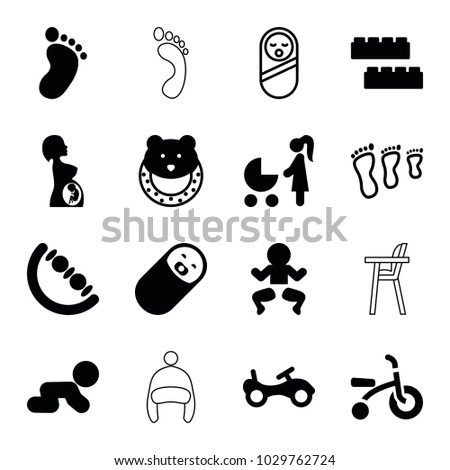 Baby icons. set of 16 editable filled and outline baby icons such as foot print, bike, child building kit, newborn child, pregnant woman, family footprint