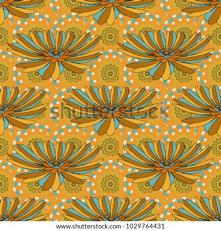 Vector traditional folk flowers bouquet for textile design and fabric. Embroidery colorful floral seamless pattern in magenta, orange and yellow colors.