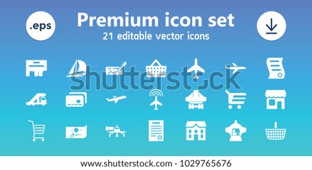 Commercial icons. set of 21 editable filled commercial icons includes plane, truck crane, house, shopping cart, sailboat, cargo plane back view