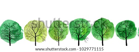 vector seamless pattern with deciduous trees and green watercolor foliage, hand drawn natural border