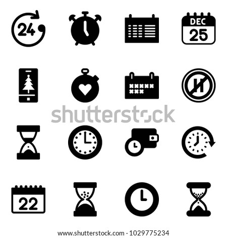 Solid vector icon set - 24 hours vector, alarm clock, schedule, 25 dec calendar, christmas mobile, stopwatch heart, no parking even road sign, sand, time, wallet, around