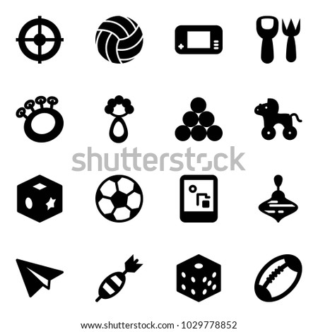 Solid vector icon set - target vector, volleyball, game console, shovel fork toy, beanbag, billiards balls, wheel horse, cube, soccer ball, wirligig, paper plane, dart, bones, football