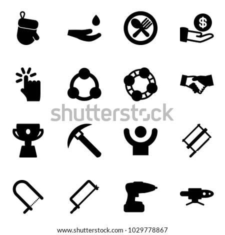 Solid vector icon set - christmas glove vector, drop hand, fork spoon plate, investment, touch, social, friends, agreement, cup, rock axe, success, bucksaw, fretsaw, metal hacksaw, drill