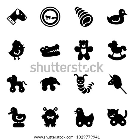 Solid vector icon set - dog vector, no cart horse road sign, shell, duck toy, chicken, crocodile, bear, rocking, wheel, elephant, caterpillar, unicorn stick, monster, cat