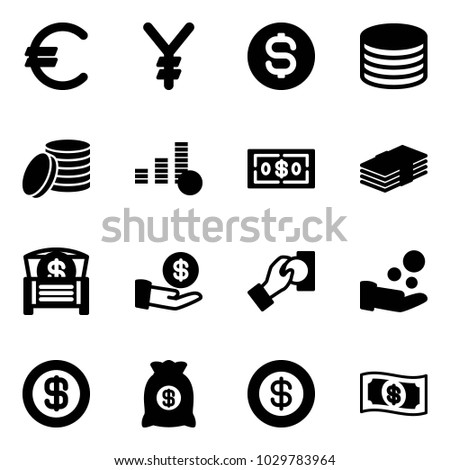 Solid vector icon set - euro vector, yen, dollar coin, money chest, investment, cash pay, bag