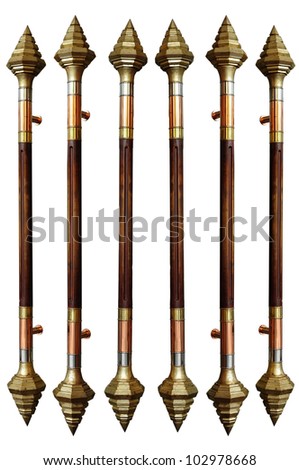 Elegant door handles; Thai style. Long-handled by the hotel porter.The material is a metal wood;isolated on white background