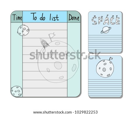 Hand-drawn vector to do list with a planets of Space. Isolated objects. The design concept for children. Notebooks, labels, diary, accessories-school.