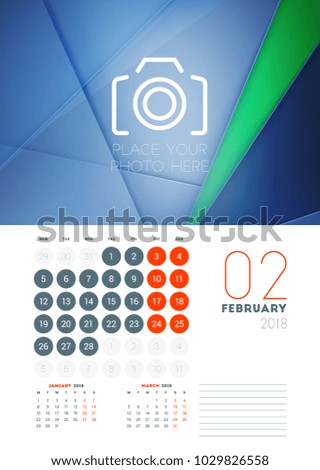 Wall calendar template for February 2018. Vector design print template with abstract background or place for photo. Week starts on Monday