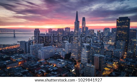 San Francisco Skyline with Dramatic Clouds at Sunrise, California, USA Royalty-Free Stock Photo #1029841927