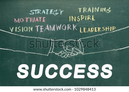 Concept success symbol,Business handshake By writing chalk on a blackboard,Elements that will bring success.