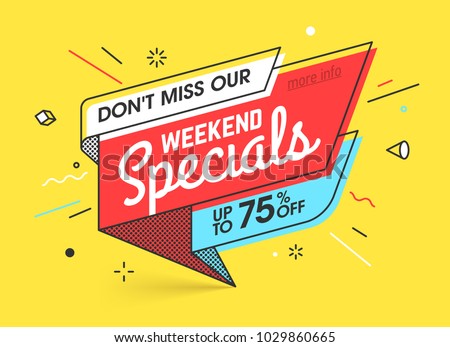 Weekend specials, sale banner template in flat trendy memphis geometric style, retro 80s - 90s paper style poster, placard, web banner designs, vector illustration