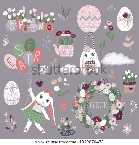 Vector Set of cute Happy Easter cartoon characters and design elements. Bunnies, Easter eggs, flowers, hearts. Spring illustration. Funny fashion rabbit.   