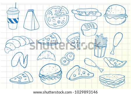 Set of hand drawn food isolated on white paper background, Doodle Vector illustration.