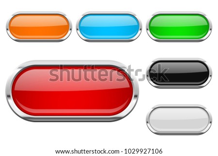 Glass buttons with chrome frame. Colored set of shiny oval 3d web icons. Vector illustration isolated on white background