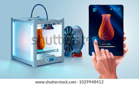 White 3d printer with filament spool. 3d printer printed vase. Maker hold tablet in hand. Mobile interface with 3d model. Tablet showing progress printing 3d model. Additive technology for hobby, diy Royalty-Free Stock Photo #1029948412