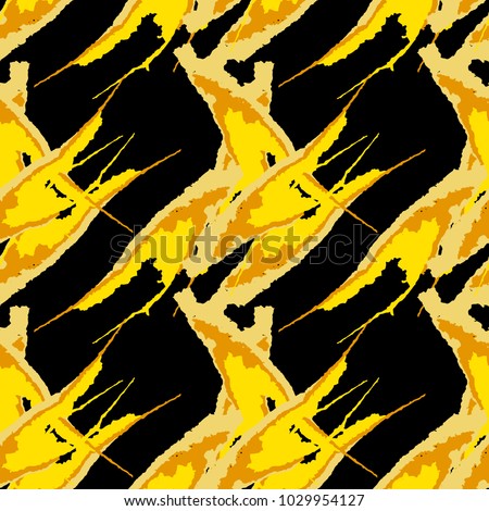 Vector grunged pattern. Black, orange and yellow tiled background. Usable for print at wrapping paper, cloth and wallpaper