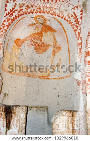 Interior of a cave church with early Christian Byzantine fresco - Cappadocia, Central Anatolia, Turkey 