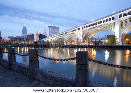Skyline of downtown Cleveland and Detroit Superios Bridge, Ohio, USA