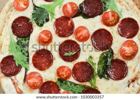 Tasty Pizza With Tomato Sauce, Pepperoni Sausage, And Mushrooms On Wooden Background Natural Rustic, A Pizza Cutter And Ingridienty.