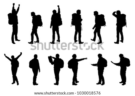 Set vector realistic silhouettes tourists - man and woman, with backpacks