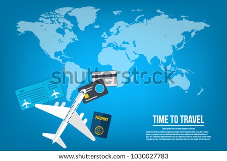 Travel banner design. Vacation business trip offer concept. Vector tourist illustration with passport, credit cards,ticket, airplane and detailed world map. Travel background.