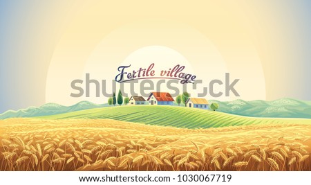 Rural landscape with a wheat field and a village on a hill. Vector illustration. Royalty-Free Stock Photo #1030067719