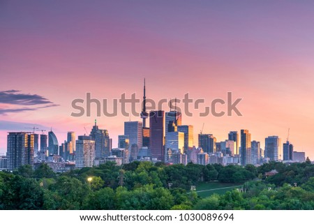Sunset over Toronto city skyline in Ontario, Canada
