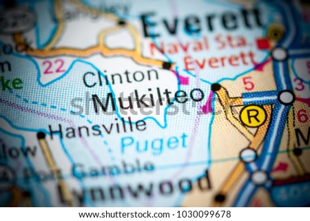 Mukilteo. Washington State on a map. Royalty-Free Stock Photo #1030099678