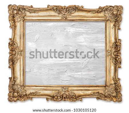 Golden picture frame with oil painted canvas isolated on white background. Baroque frame